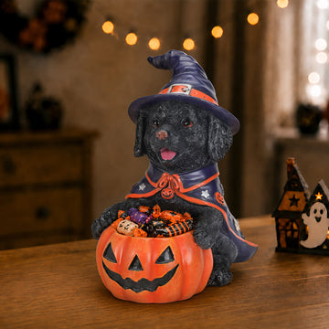 Halloween Black Labrador Witch Figurine, Cute Dog Holding Pumpkin Candy Bowl Decor