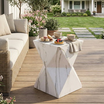Modern Geometric MGO Side Table, Hourglass Accent End Table with White Marble Finish
