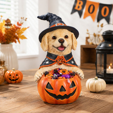 Halloween Labrador Witch Figurine, Cute Dog Holding Pumpkin Candy Bowl Decor