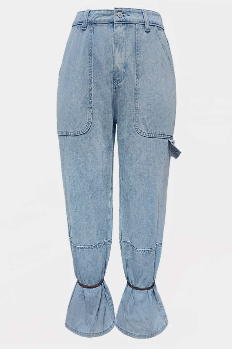 Casual Pocket Belted Regular Denim Jeans (Subject To The Actual Object )