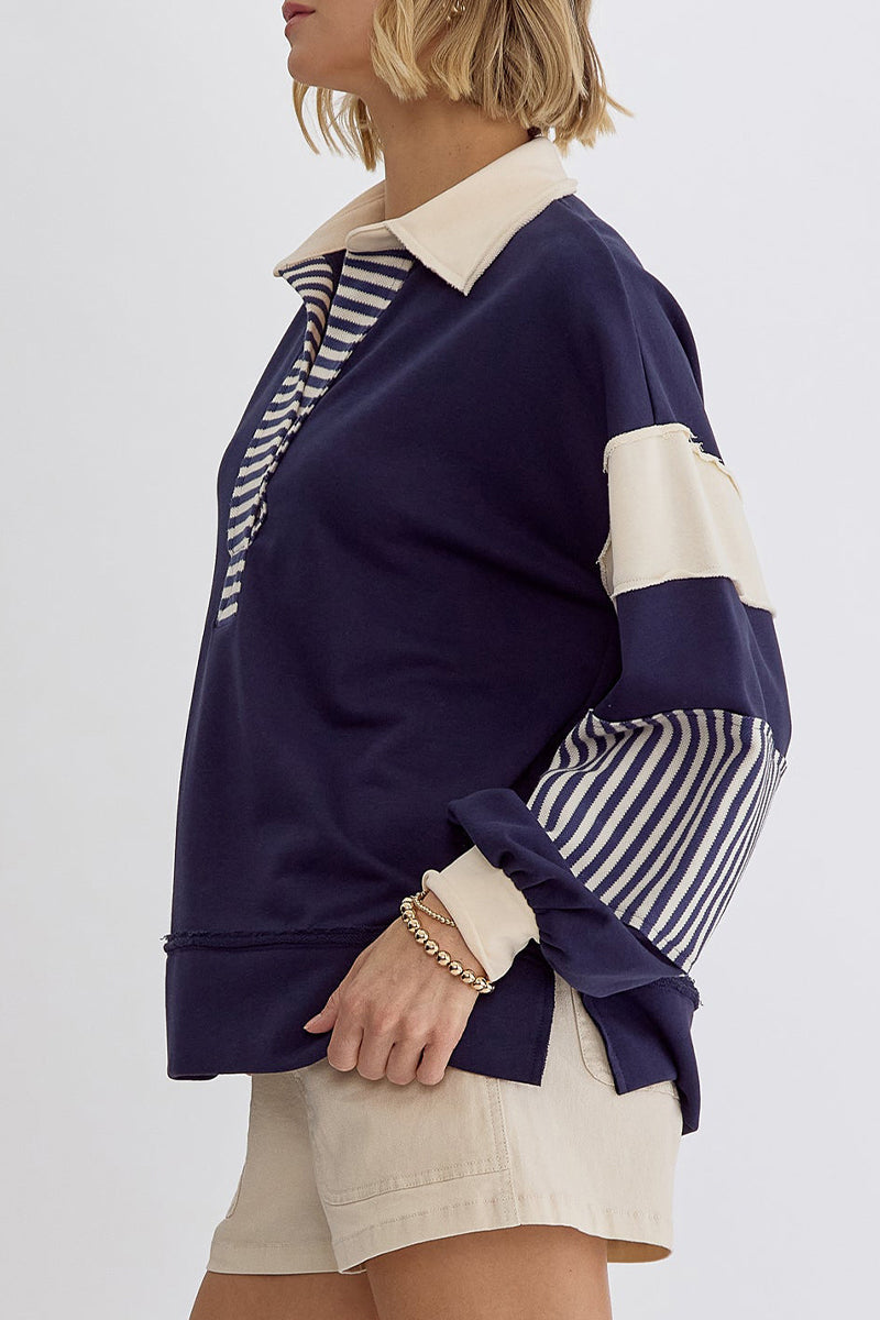 Casual Street Stripe Patchwork Contrast Turndown Collar Tops