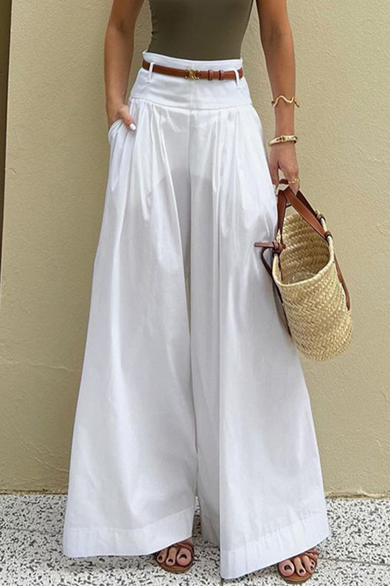 Casual Pocket With Belt Loose High Waist Wide Leg Bottoms