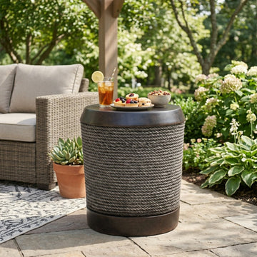 Braided Cord MGO Side Table, Retro Cylindrical End Table for Home & Patio Decor