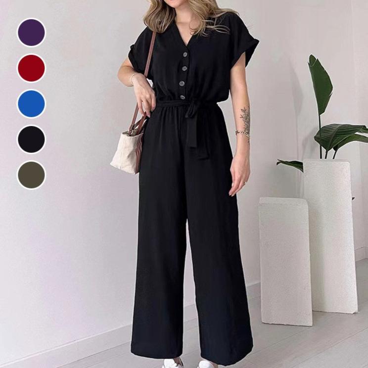 Women's V-Neck Short Sleeve Casual Jumpsuit