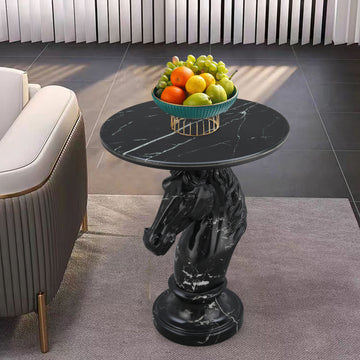 Black Horse Head Accent Table, Luxurious Resin Animal Statue End Table with Faux Marble Top