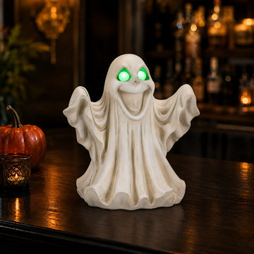 Halloween Ghost Figurine with Glowing Green Eyes, LED Light Up Resin Spooky Tabletop Decor