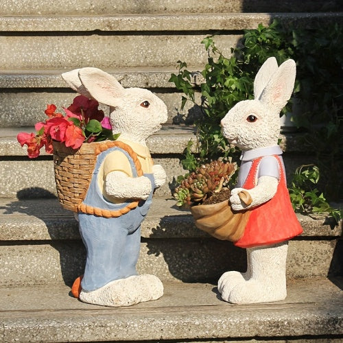 16" Rabbit Couple Garden Statues, Hand-Painted Resin Bunny Planters for Spring & Summer Patio