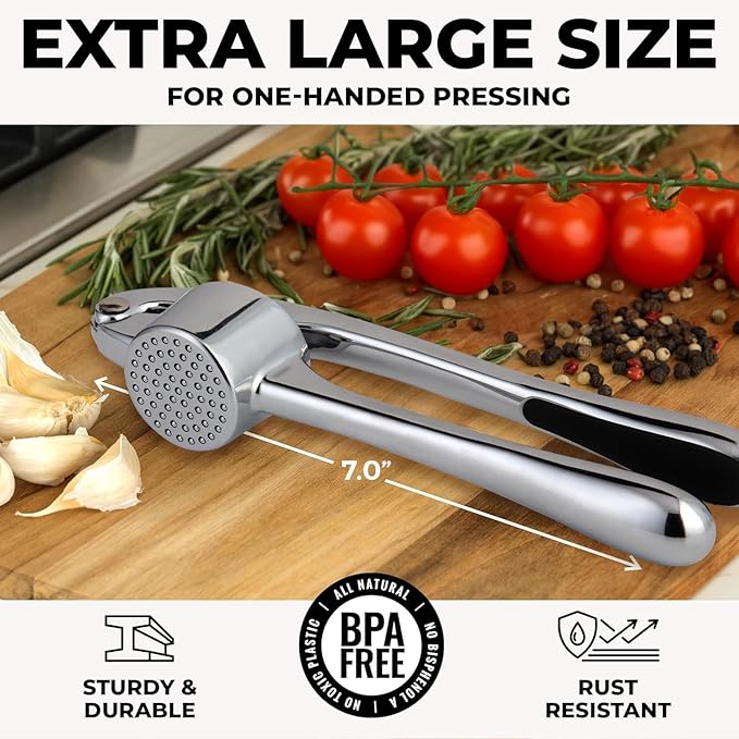 Premium Garlic Press Set | Rust-Proof Mincer + Silicone Peeler And Brush (Chrome)