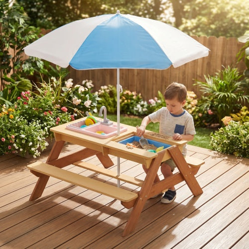 Kids Wooden Picnic Table with Sink, 3-in-1 Sand & Water Play Table with Umbrella