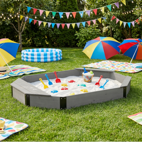 Kids Outdoor Octagon Sandbox, Solid Wood Sandpit with Cover & Liner