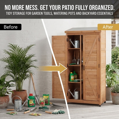 Tall Outdoor Wooden Storage Cabinet, Vertical Tool Shed for Patio & Garden