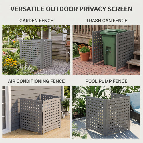3-Panel Wooden Privacy Screen Fence with Lattice Design, Outdoor AC Cover, Grey