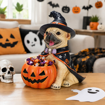 Halloween French Bulldog Witch Figurine, Cute Dog Holding Pumpkin Candy Bowl for Tabletop Decor