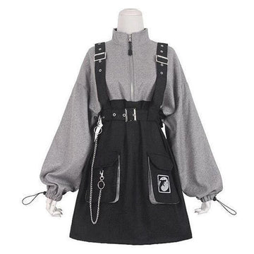 Punk Zipper Chain Pocket Sweatshirt Dress