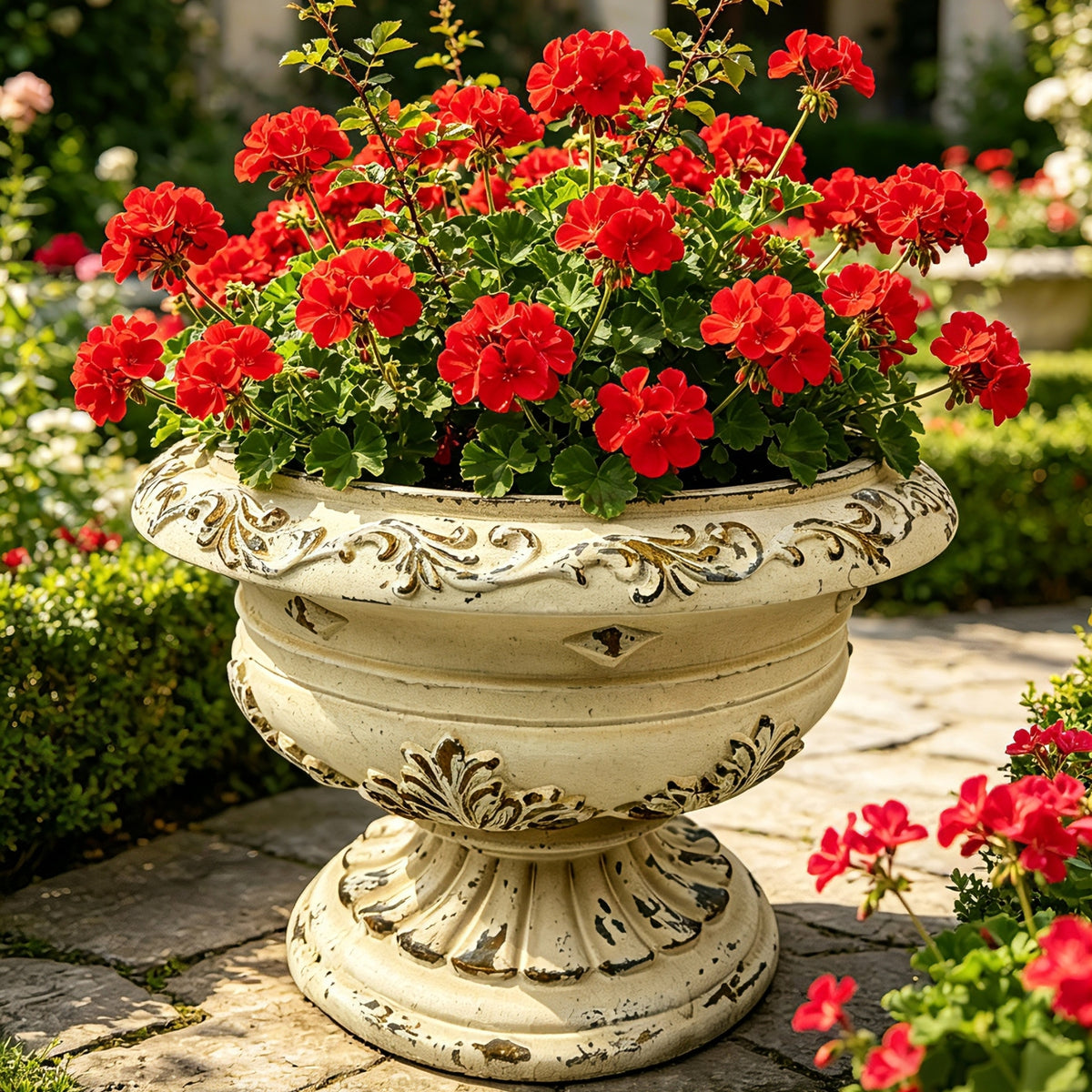 Vintage 18.1" Antique White Garden Urn, MGO Leaf Relief Planter for Patio, Porch & Landscape