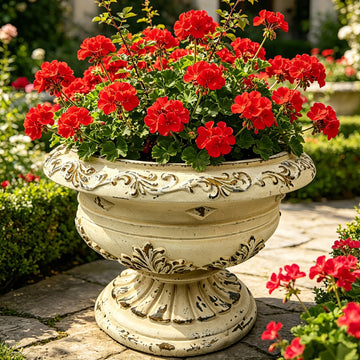 Vintage 18.1" Antique White MGO Garden Urn Planter – Hand-Painted Weathered Leaf Relief Pedestal Pot with Drainage Hole, Heavy-Duty Outdoor & Indoor Wide Flower Pot for Patio, Porch & Landscape Decor