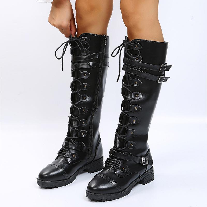 Lace-up tall knight boots low heel