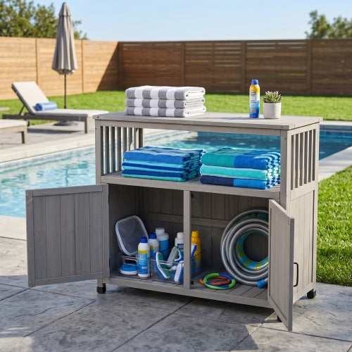 Wooden Outdoor Buffet Cabinet with Storage, Grey Patio Bar Table & Sideboard