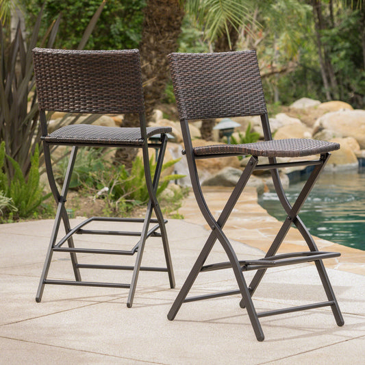 Outdoor Wicker Bar Stools Set of 2, Foldable Faux Rattan Patio Chairs in Multibrown