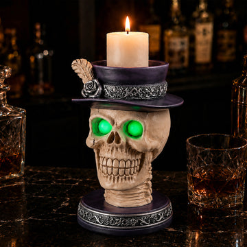 Halloween Skull Candle Holder with Glowing Green Eyes, Gothic Skeleton Head Statue with Victorian Feather Top Hat, Spooky Tabletop Decor for Home Bar, Party & Dark Academia Decor, LED Skull with Batteries Included