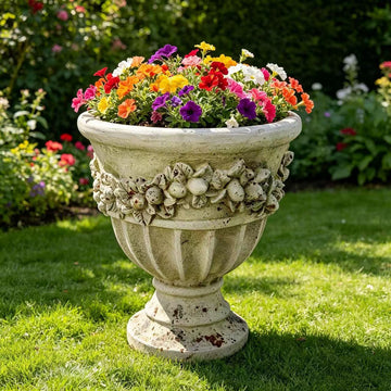 Vintage 16.3" Antique Rustic MGO Garden Urn Planter – Hand-Painted Weathered Stone Finish with Floral Relief, Heavy-Duty Outdoor & Indoor Flower Pot for Patio, Tabletop, Front Porch & Landscape Decor