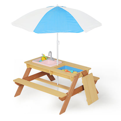 Kids Wooden Picnic Table with Sink, 3-in-1 Sand & Water Play Table with Umbrella