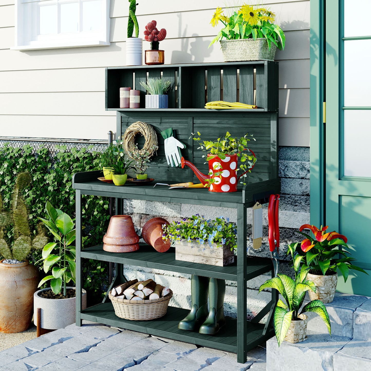 Large Farmhouse Wooden Potting Bench, 4-Shelf Outdoor Workstation with Hooks