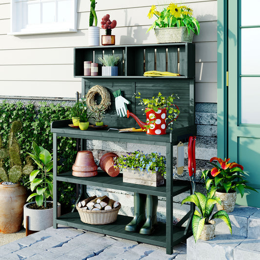 Large Farmhouse Wooden Potting Bench, 4-Shelf Outdoor Workstation with Hooks