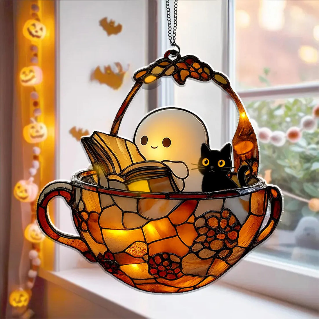 Cute Ghost Reading Book Suncatcher