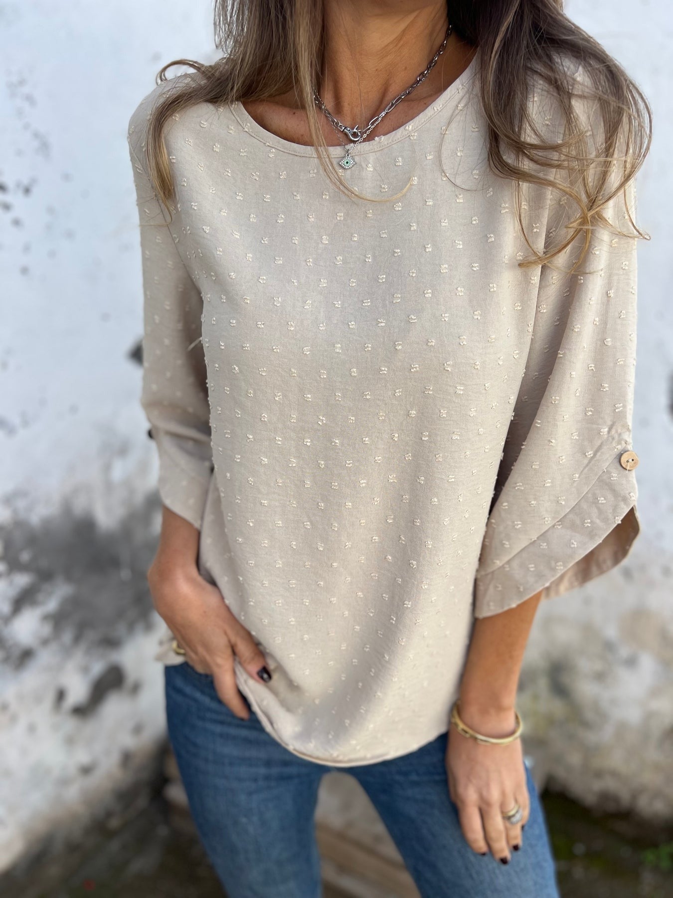 Dot Round Neck Half Sleeve Blouse