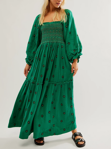 Elegant Fall Flower Embroidered Maxi Dress