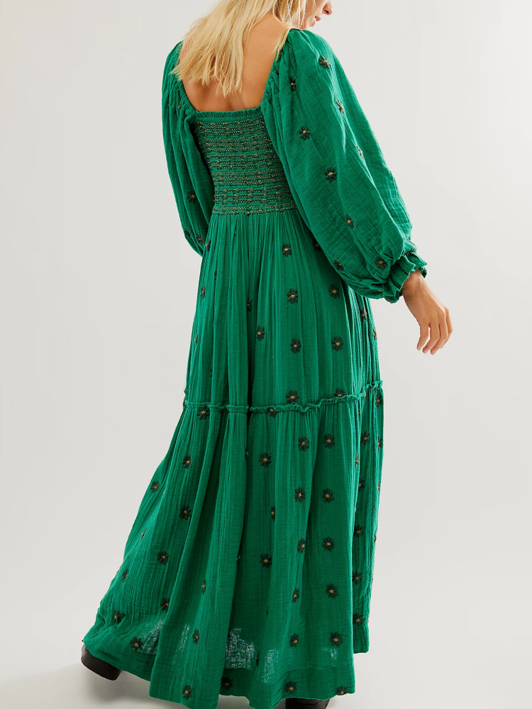 Elegant Fall Flower Embroidered Maxi Dress