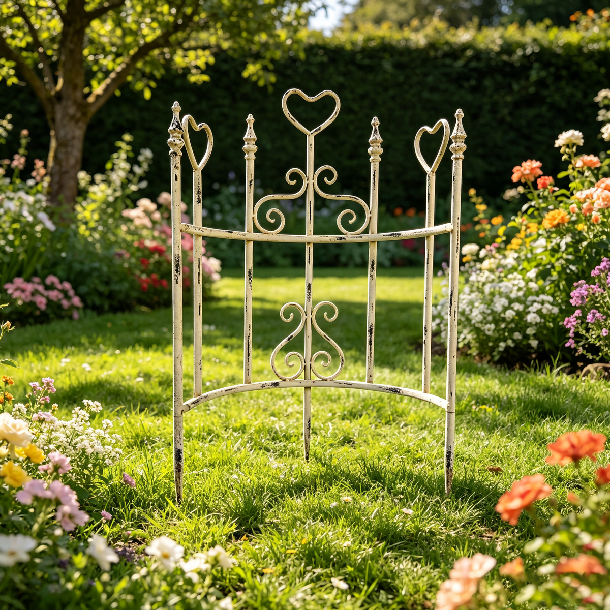 Vintage 29" Rustic White Iron Fence (2-Pack), Antique Heart Design Border, Trellis & Animal Barrier