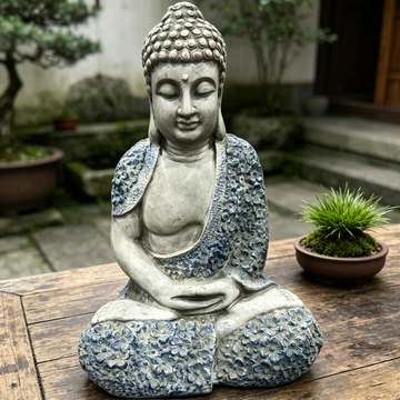 16" Meditating Buddha Garden Statue with Blue Floral Accents – Weatherproof Resin Zen Figurine for Patio, Yard, Lawn & Indoor Meditation Space, Serene Spiritual Decor for Home & Yoga Studio