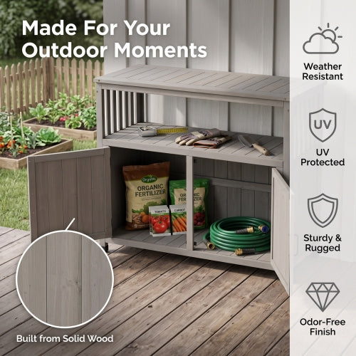 Wooden Outdoor Buffet Cabinet with Storage, Grey Patio Bar Table & Sideboard