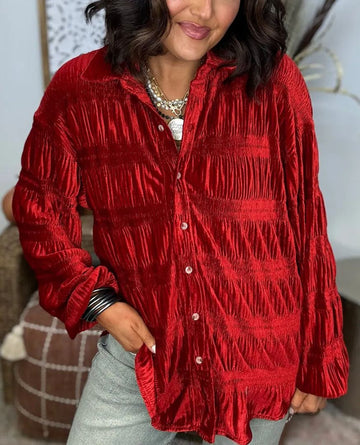 2024 New Women's Shirred Velvet Button Down Top