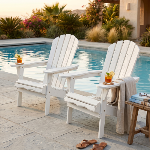 Folding Wooden Adirondack Chair with Embossed Grain, Solid Wood Patio Chair, White