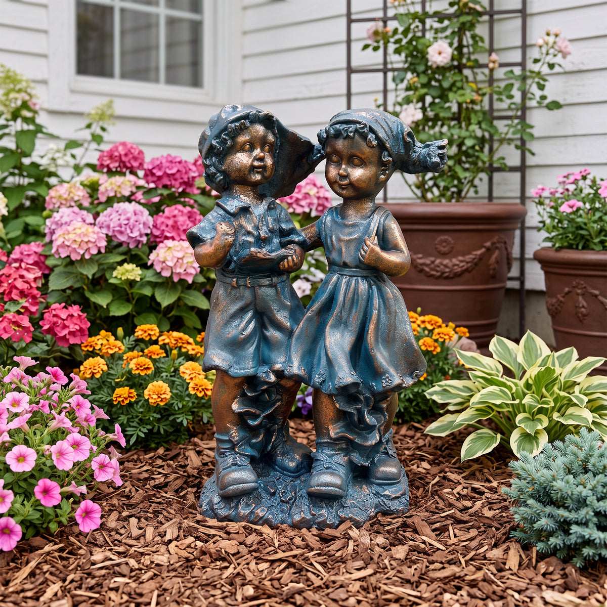 Boy & Girl Statue Set, Weatherproof MGO Garden Sculpture for Lawn & Backyard Decor