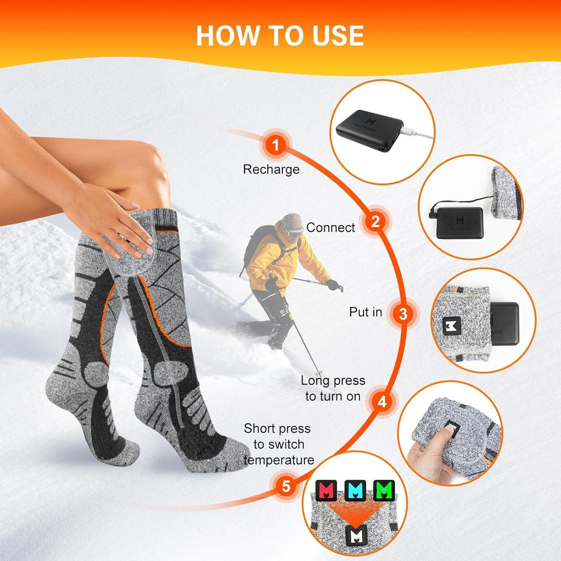 3.7V 4000mAh Rechargeable Heated Socks 3 Heating Levels