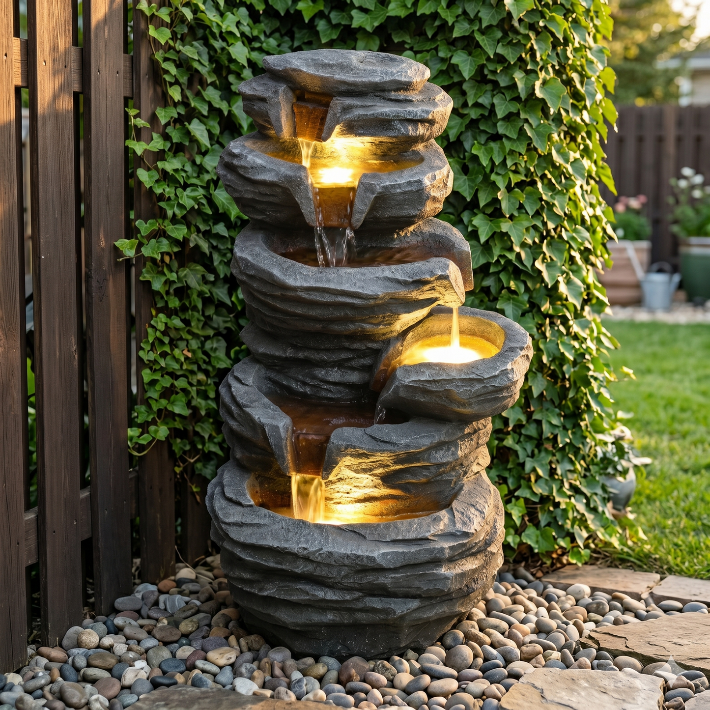 Stacked Rock Waterfall Fountain with Lights, 25.6" LED Garden Water Feature for Patio