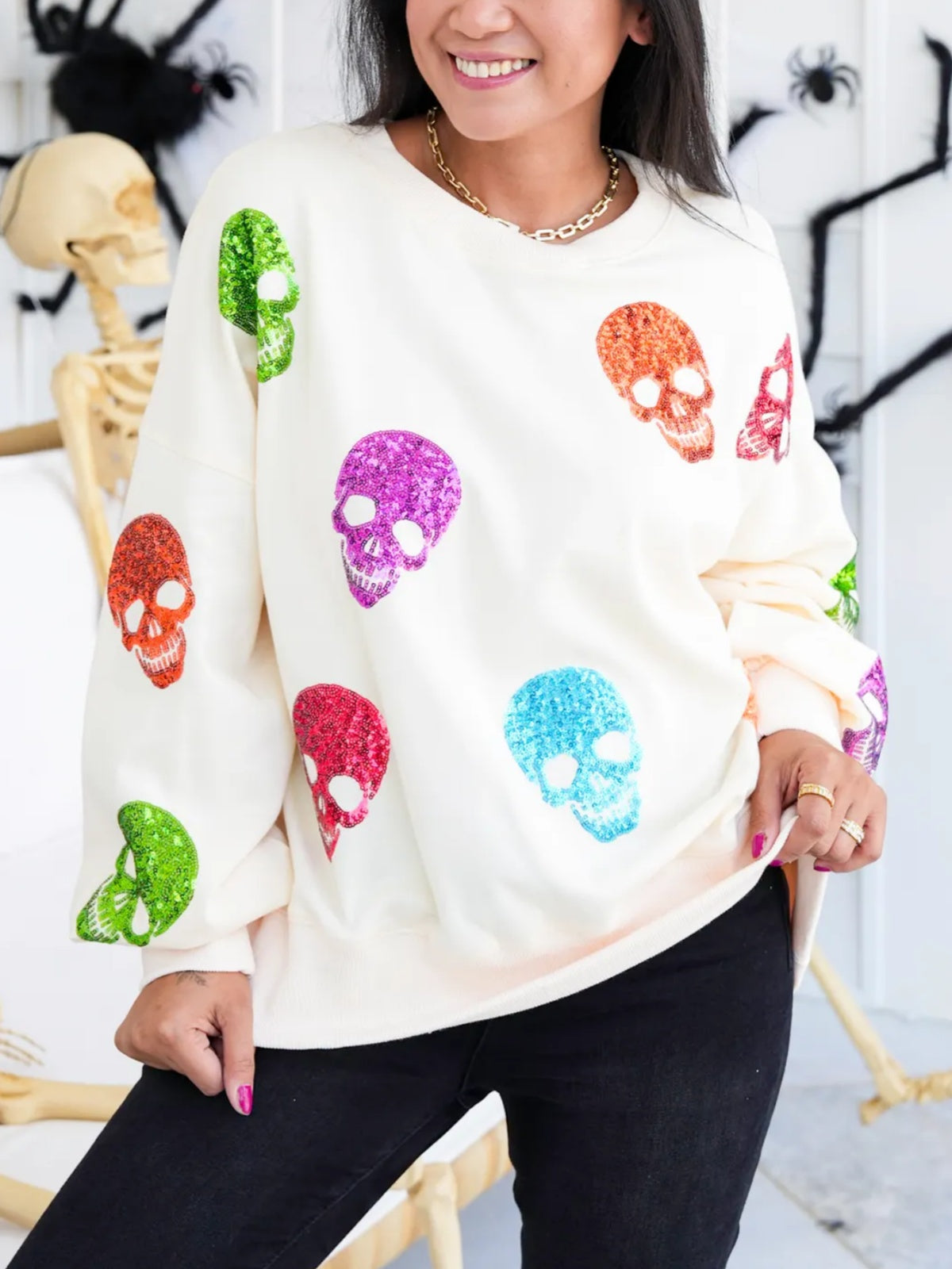 Multi Colored Sequin Skulls Sweatshirt