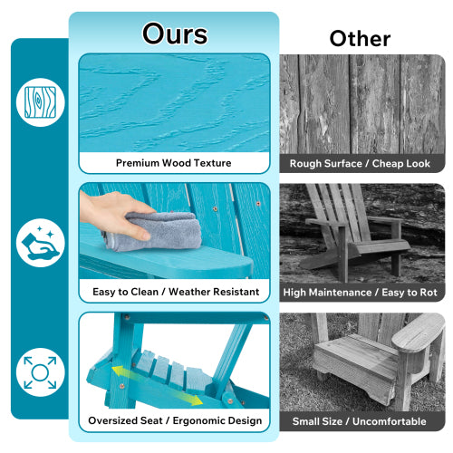 Folding Wooden Adirondack Chair with Embossed Grain, Solid Wood Patio Chair, Turquoise