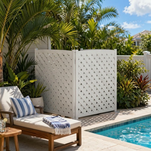 3-Panel Wooden Privacy Screen Fence with Lattice Design, Outdoor AC Cover