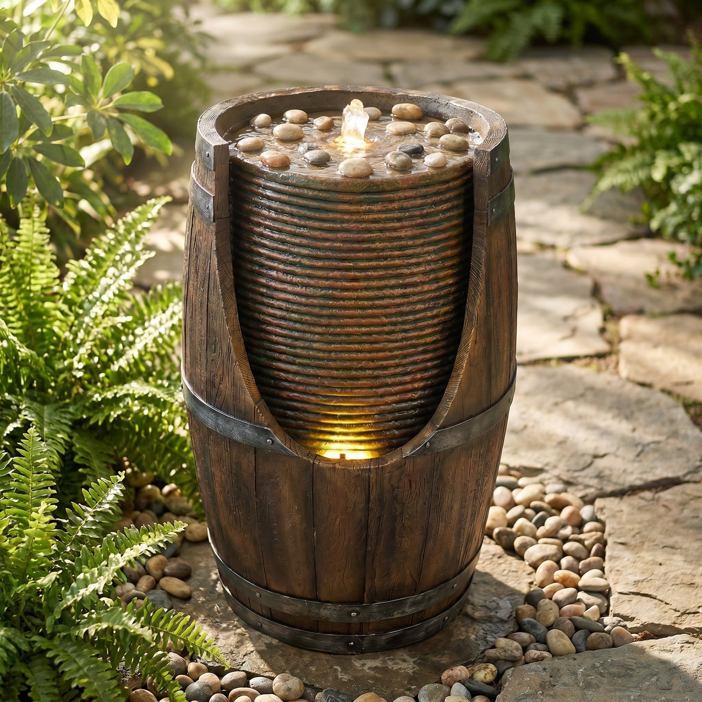 Rustic Barrel Water Fountain with LED Lights, 24.8" Weather-Resistant Wood Look Garden Decor
