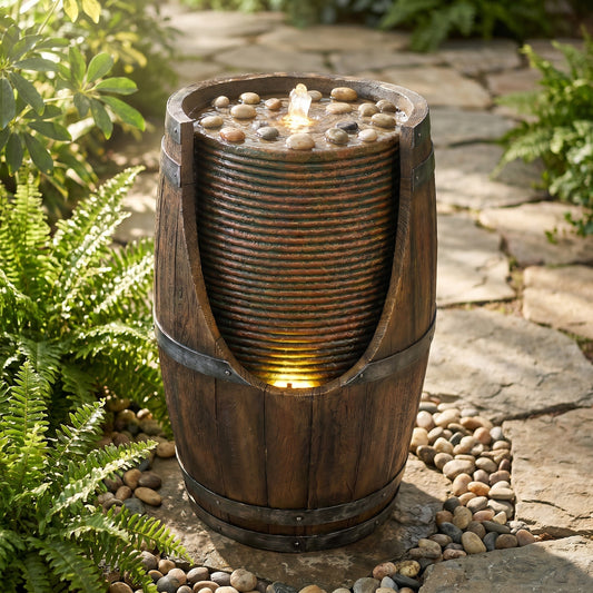 Rustic Barrel Water Fountain with LED Lights, 24.8" Weather-Resistant Wood Look Garden Decor