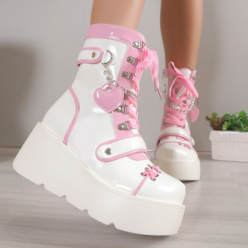 Sweet Lolita Platform Mid Calf Motorcycle Boots