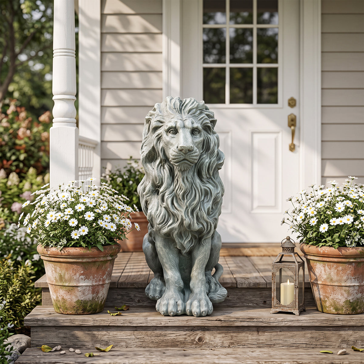 Sitting Lion Statue, Weatherproof Resin Sculpture for Garden, Patio & Entryway Decor