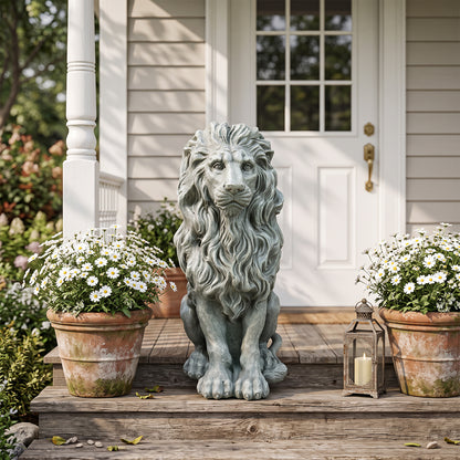 Sitting Lion Statue, Weatherproof Resin Sculpture for Garden, Patio & Entryway Decor