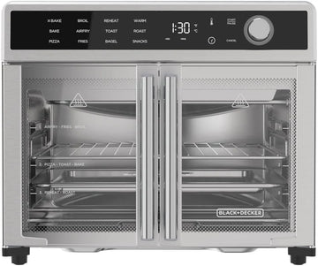 Fryer Toaster Oven Combo, 12 in 1 Countertop Convection Oven Cooks Food Fast, Fits a Whole Pizza or 6 Toast Slices, French Doors with Stainless Steel Finish