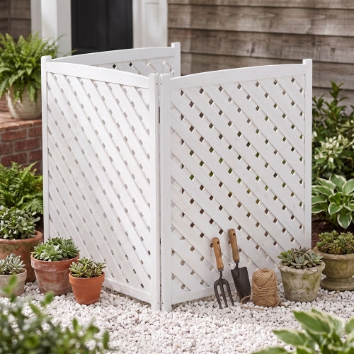 3-Panel Wooden Privacy Screen Fence with Lattice Design, Outdoor AC Cover